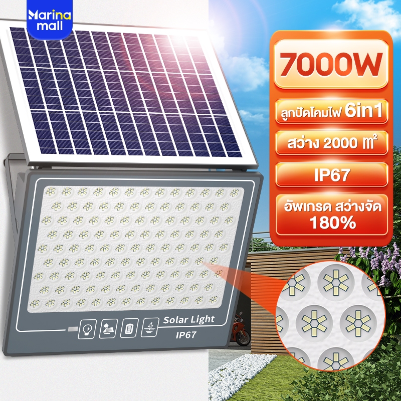 ไฟโซล่าเซลล์ 15000W solar light outdoor ลูกปัดโคมไฟ 6ใน1แสงสีขาว ตั้งเวลาด้วยรีโมท IP67กันน้ำ กันฟ้าผ่า ถอดออกได้ พับได้