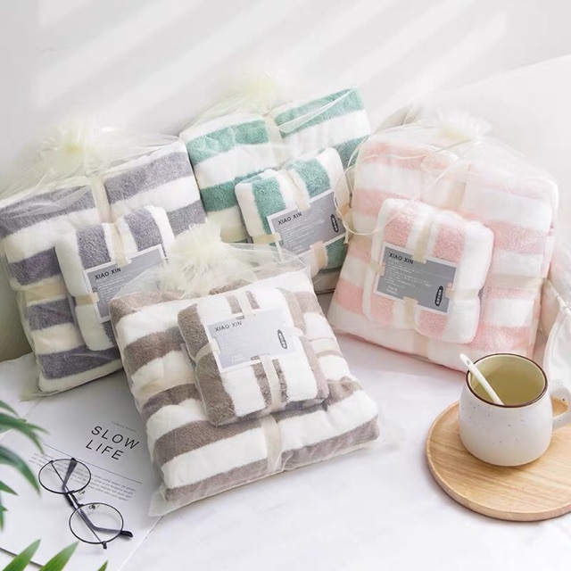 ผ้าขนหนูเซต 2ชิ้น (ผ้าเช็ดตัว+ผ้าเช็ดผม) ซับน้ำแห้งไว ลายริ้วตาราง