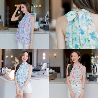 Sunny top(Flowers)เสื้อแขนกุดคอปีน ผูกโบว์หลัง ลายกราฟฟิก ทร…