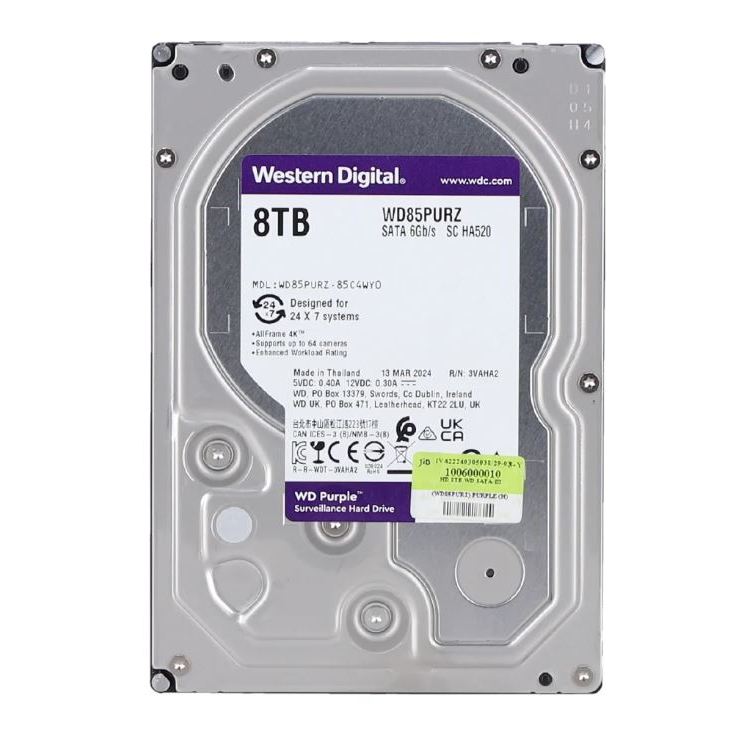 8 TB 3.5" HDD (ฮาร์ดดิสก์ 3.5") WD PURPLE - SATA3 (WD85PURZ)