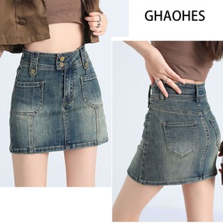 GHAOHES  กระโปรงยีนส์เอวสูง ย้อนยุค สาวฮอต ยืดหยุ่น มีซับ คล…