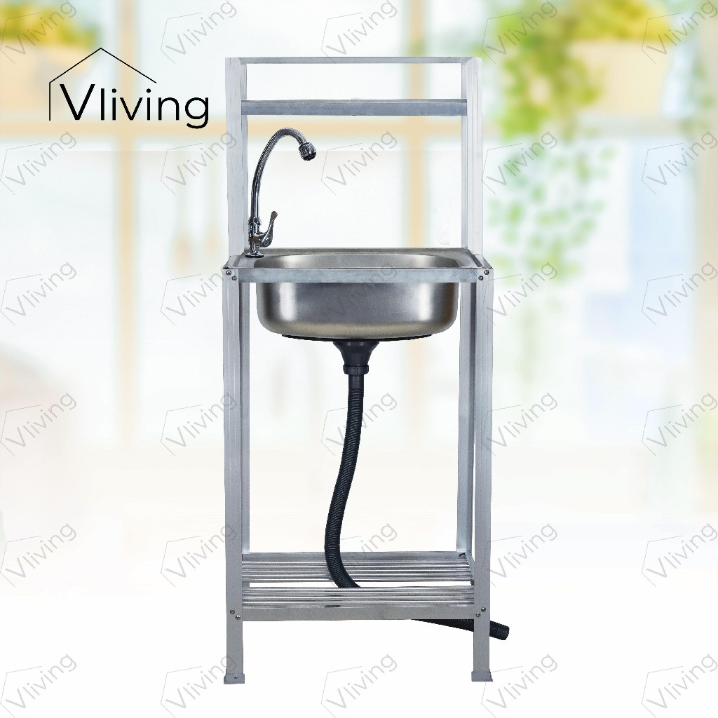 Vliving ซิ้งค์ล้างจาน อ่างล้างจาน สแตนเลส 2 ชั้น เล็ก มีบน โครงอลูมิเนียม (50x40cm.)