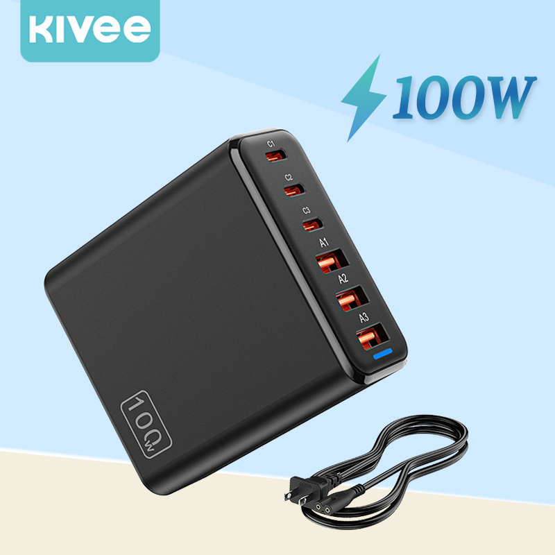 KIVEE Super Fast Charger 100W type-c Charger 6-in-1เครื่องชาร์จแบบเดสก์ท็อป 3C+3USB เข้ากันได้QC4.0,SCP, FCP, AFC,VOOC