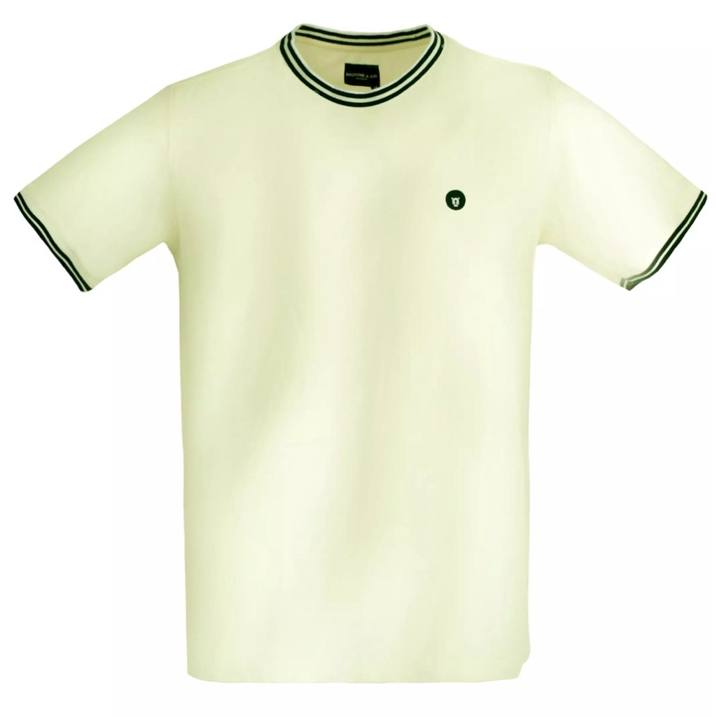 BROWNE & CO. เสื้อยืด คอตตอน สีครีม คอ แขน ตัดต่อผ้าทอลาย รุ่น TPT007-1-CR