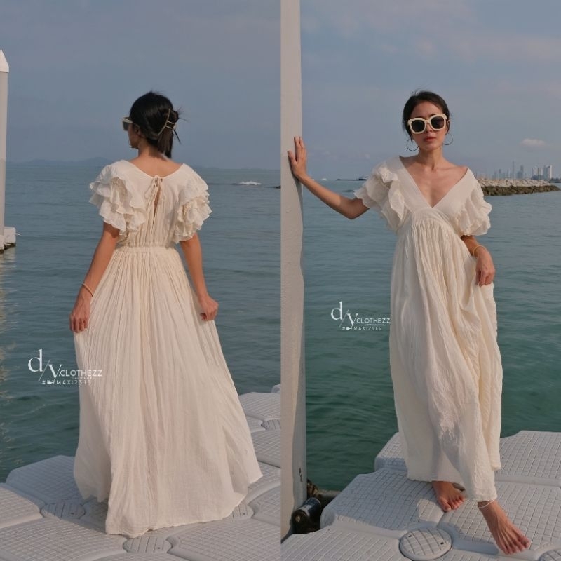 DYMAXI2315 เดรสคอวีแต่งแขนระบาย งานตัดมือที่ไทย Product of Thailand