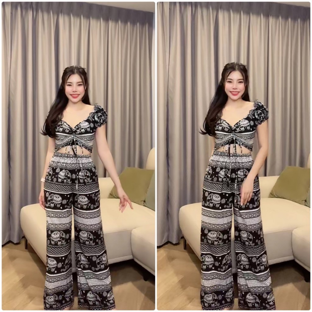 S22 ชุดเซ็ตเสื้อแขนสั้นและกางเกงลายช้าง งานใหม่