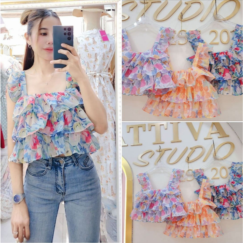 #498#เสื้อครอป สายเดี่ยว ขนมชั้นฟูๆ