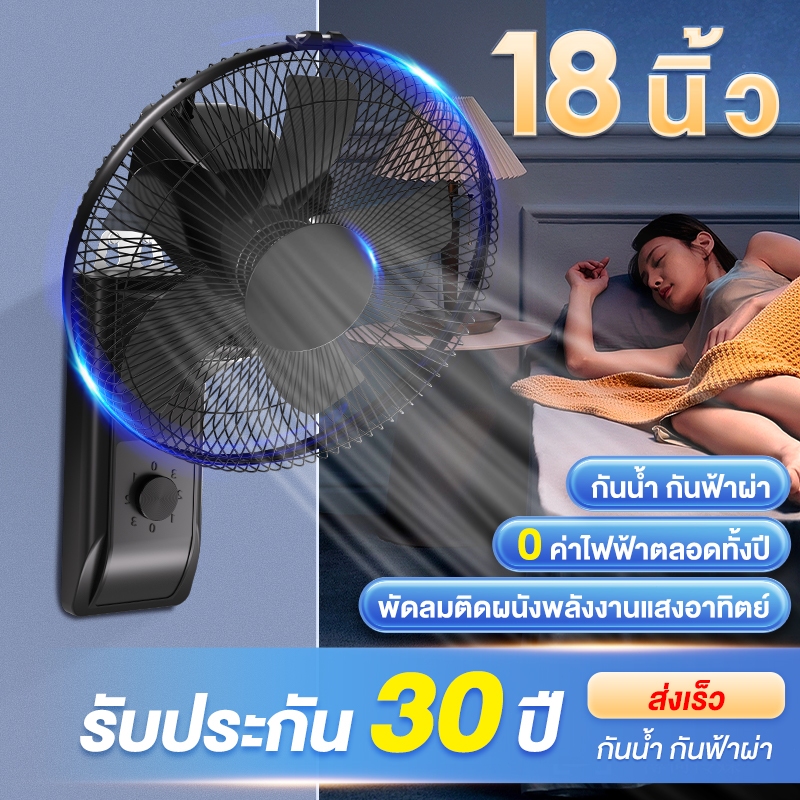 【รับประกัน30ปี】พัดลมโซล่าเซลล์ 12-18นิ้ว พัดลมติดผนัง ส่ายหัวได้ ลมแรง ปิดเสียง แบตเตอรี่ในตัว ความเ