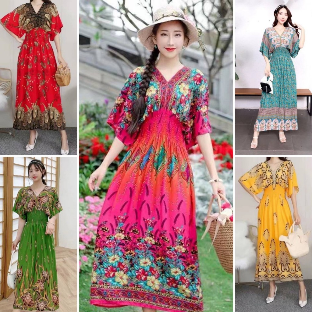 เดรส สาวอวบ ใส่ได้ ไซด์xl ทรงกิโมโน อก32-48 เอว 40 ยาว 48 นิ้ว เดรสโบฮีเมี่ยน สม็อคหน้าหลัง ผ้าสปันใส่เย็น จากไทย