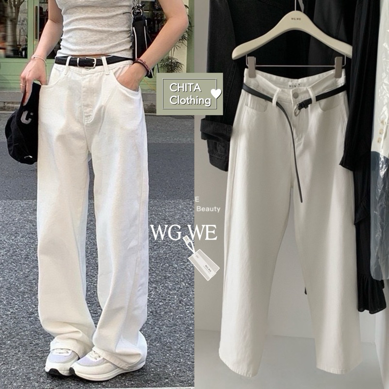 7714#set 2 pcs. กางเกงขายาว งานผ้ายีนส์ ทรงขากระบอก TAG WG.WE 🇰🇷