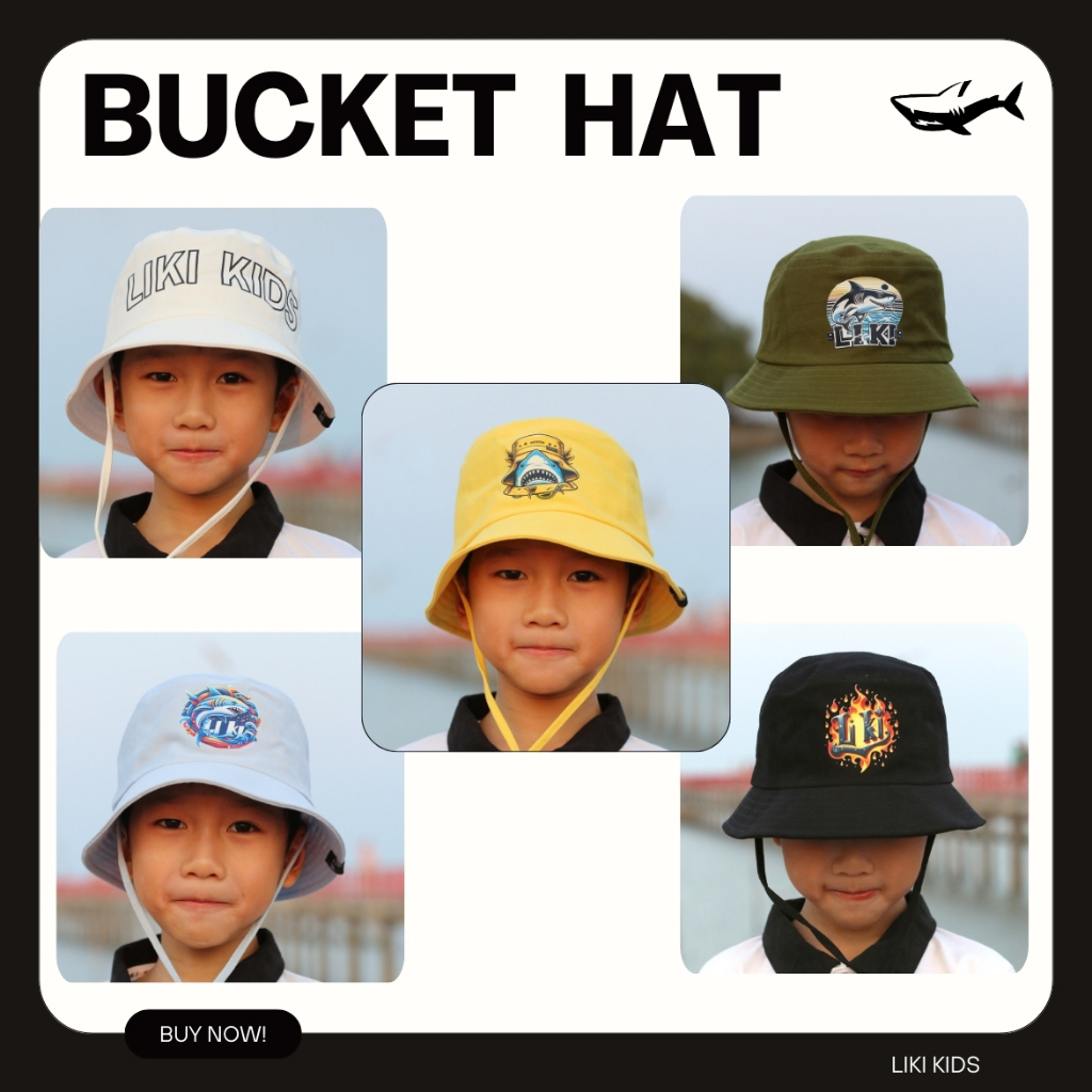 หมวกเด็กทรงบัคเกตสกรีนลายสุดเท่ห์ สุดเก๋ของเรา ใส่แล้วคูลสุด ๆ ไปเลย LIKI KIDS BUCKET HAT
