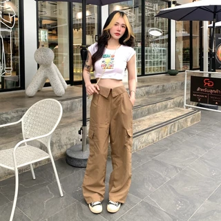🌈SpinnyHouse🌈กางเกงทรงกระบอก ผ้าไมโคร แต่งพับช่วงเอว 🐤 ด้านหลังเป็นเอวสม็อค ทรงเอวสูง รุ่น กางเกงซูชิ