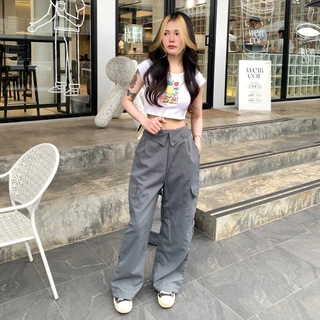 🌈SpinnyHouse🌈กางเกงทรงกระบอก ผ้าไมโคร แต่งพับช่วงเอว 🐤 ด้านหลังเป็นเอวสม็อค ทรงเอวสูง รุ่น กางเกงซูชิ