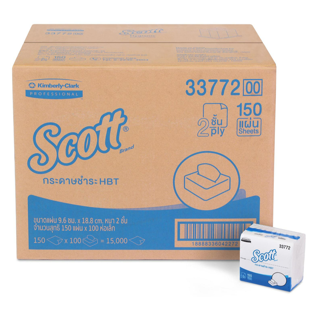 SCOTT กระดาษชำระแบบแผ่นพับ สก๊อตต์ ไฮจินิก บาธรูม ทิชชู่ หนา 2 ชั้น รหัสสินค้า 33772 100 ห่อ ห่อละ 150 แผ่น