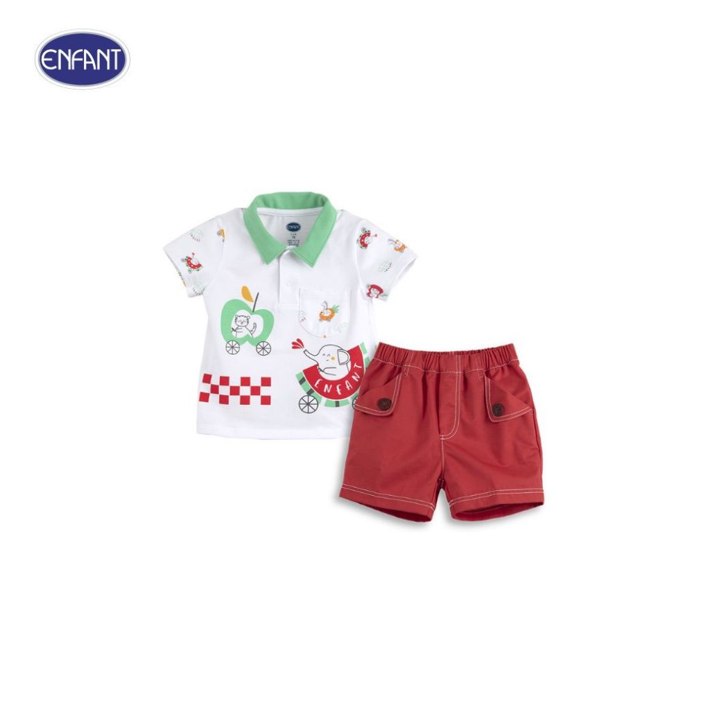 ENFANT (อองฟองต์) ชุดเสื้อ+กางเกงขาสั้น สำหรับเด็กอายุ 3-6 เดือน คอลเลกชั่น ผลไม้ ผ้าคอตตอนผสมสแปนเด็กซ์ สีแดง