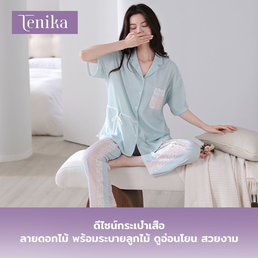 TENIKA ชุดนอน ผู้หญิง เสื้อแขนสั้น ขาสี่ส่วน ผ้าจีบ ชุดอยู่บ้าน ฟรีไซส์ M-XXLรหัส HW-013 — صورة 7