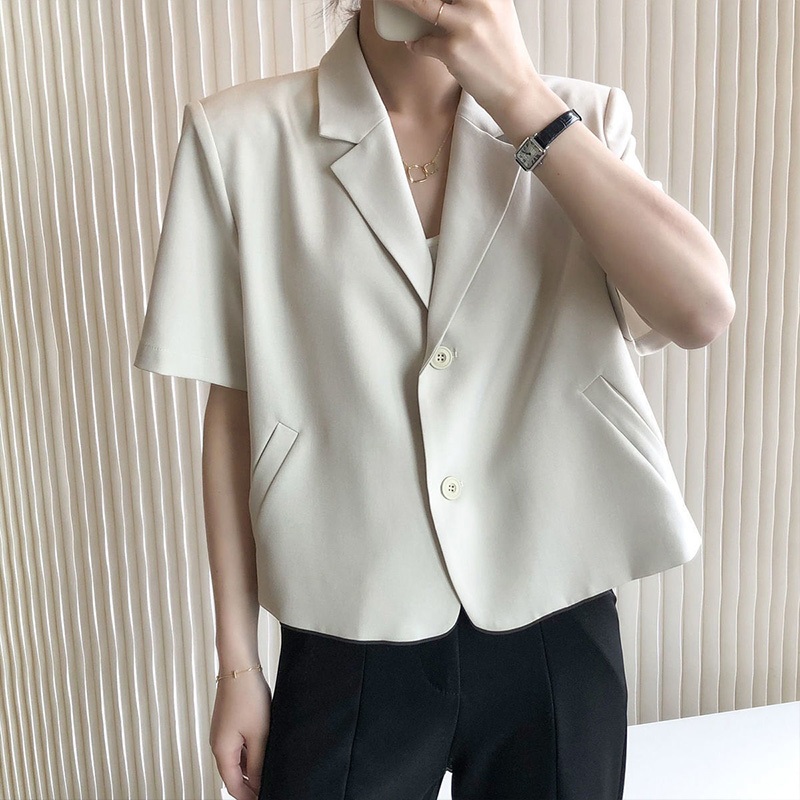 เสื้อเบลเซอร์สำหรับผู้หญิงครอปท็อปสำนักงานแฟชั่นอย่างเป็นทางการแขนสั้นคาร์ดิแกนแจ็คเก็ตธรรมดา