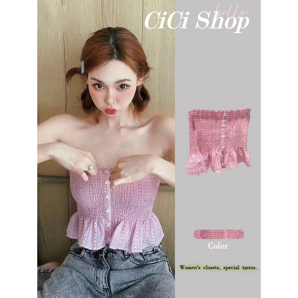 Cicishop(H93107)เสื้อเกาะอกสม๊อกทั้งตัว แต่งกระดุมลายหัวใจกรุ้งกริ้งมาก