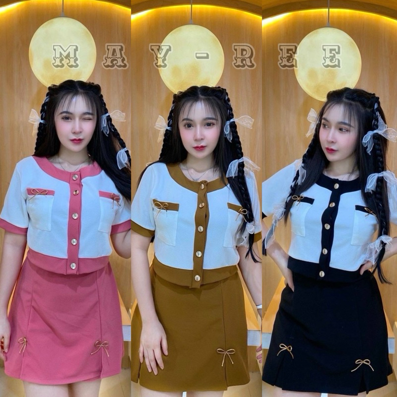IVชุดคอกลมเเขนสั้นเเต่งกระเป๋าหน้า+กระโปรงกางเกงเอวสูง(ผ้าวูลเวฟ)