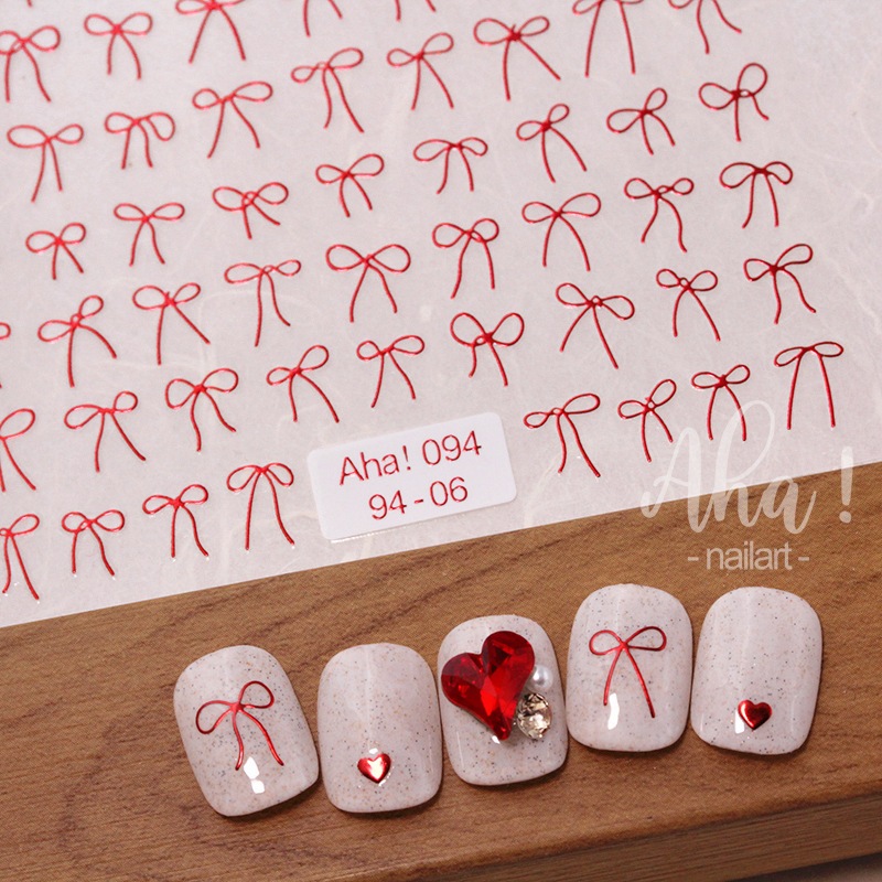 Aha nail art สติ๊กเกอร์โบว์แบบบาง เส้นเล็ก ตกแต่งเล็บ มีกาวในตัว ลอกแปะได้ สี ขาว ดำ แดง แดงโลหะ โรสโกลด์ ทอง เงิน