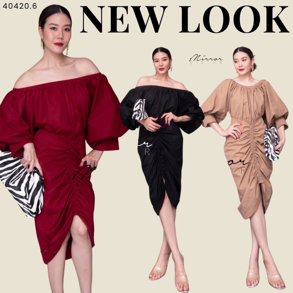 Mirrorsister 40420.6 เดรสแขนพอง ใส่ขึ้นไหล่หรือปาดไหล่ก็ได้ ช่วงเอวแต่งขอบเป็นVshape ช่วงกระโปรงเป็นทรงสอบแต่งย่น