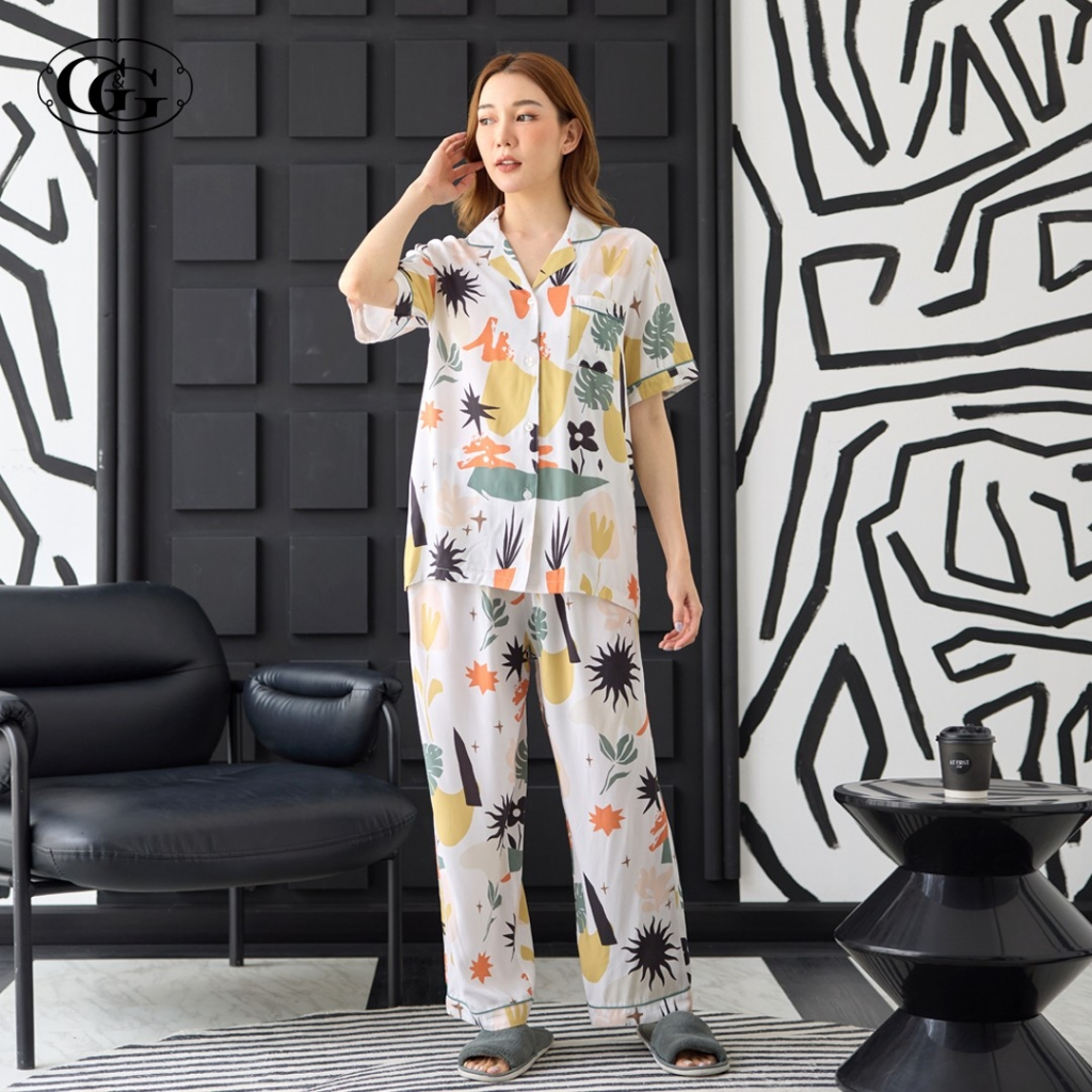 G&G ชุดนอน เสื้อแขนสั้นคอปก กางเกงขายาว ผ้าเรย่อน EN4R001 สีขาว (WH)