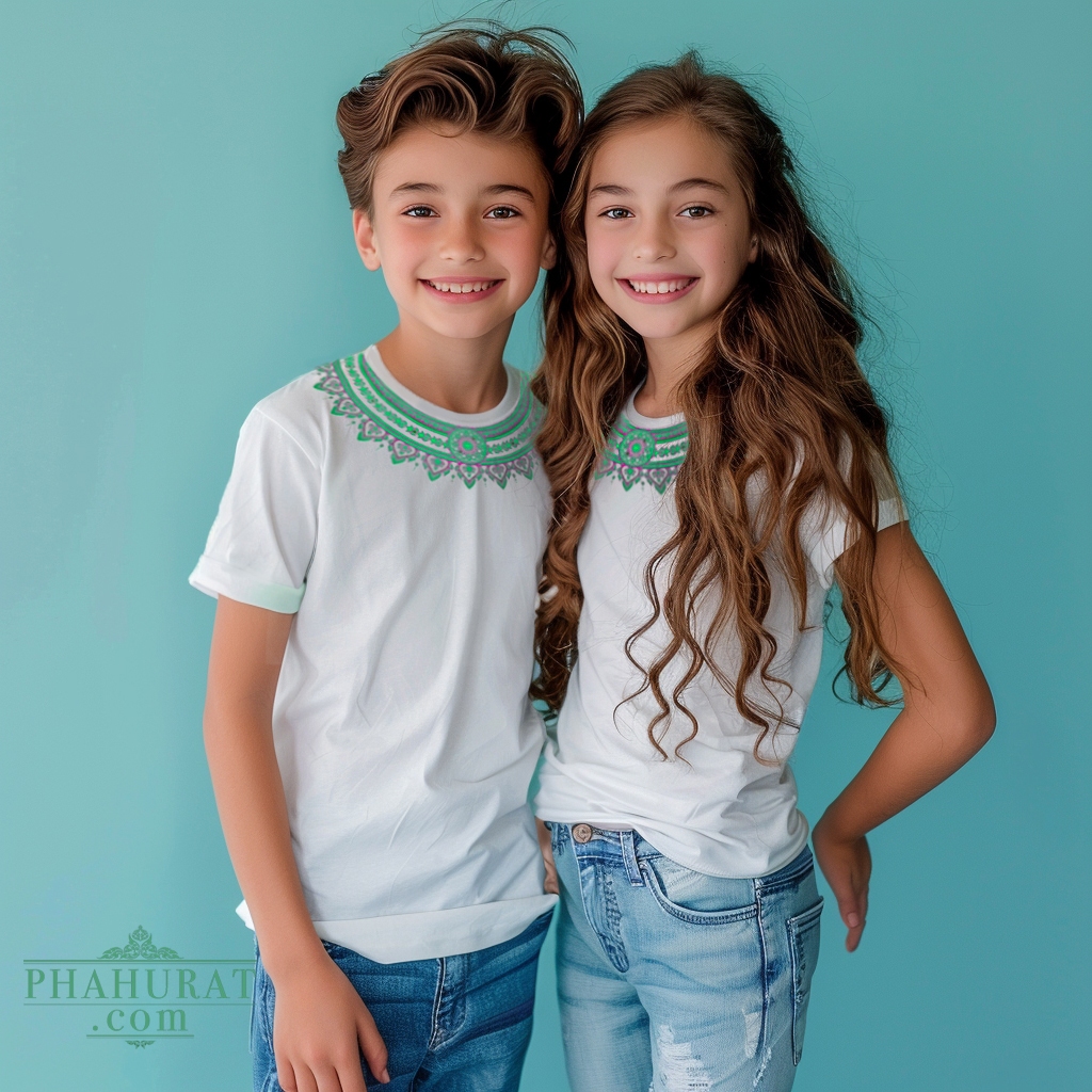 Phahuratdotcom_ Limited color เสื้อยืดลายไทยกรองคอ(ลายเขียว) เด็ก เสื้อยืดกรองคอลายไทยสีเขียวมิ้นท์-ชมพู