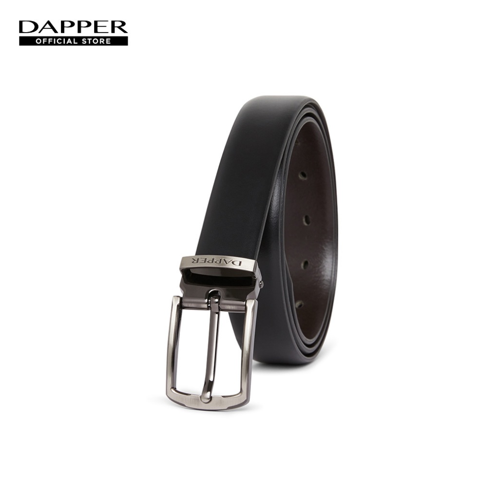 DAPPER เข็มขัดผู้ชาย หนังแท้ Metal Brushed Pin Buckle Slim Belt สีดำ (BBC/BK/1282PN1)