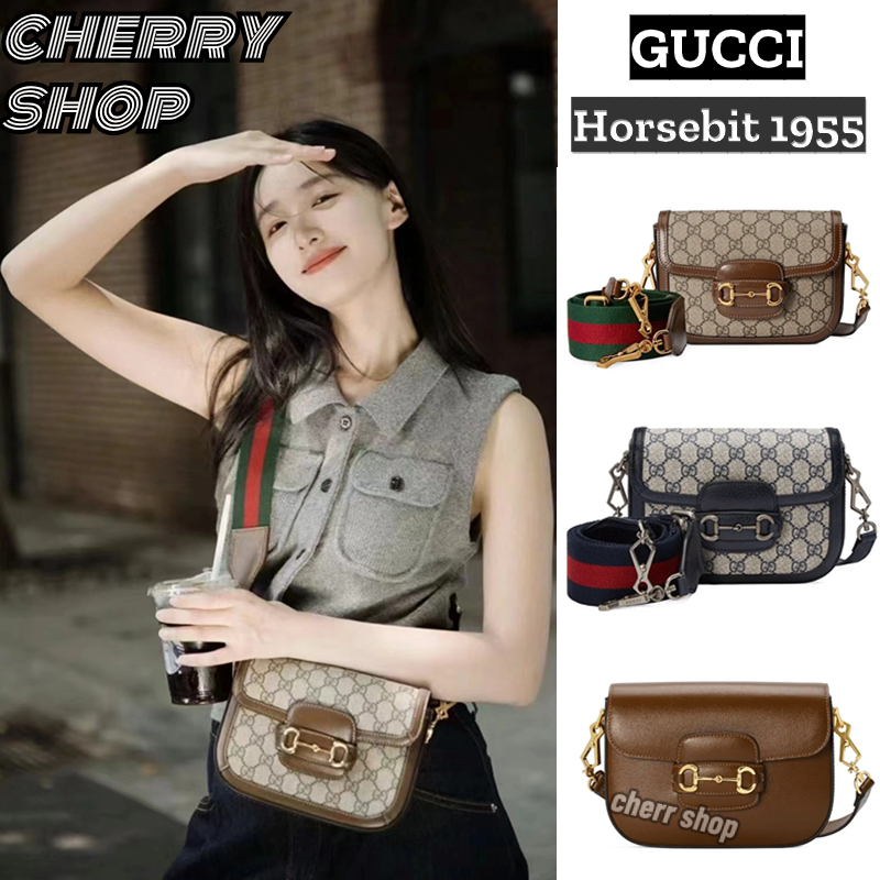 🍒กุชชี่ /Gucci Horsebit Mini Bag 1955 Collection/ผู้หญิง/กระเป๋าสะพายไหล่/กระเป๋าสะพายข้าง/ น้ำตาล🍒