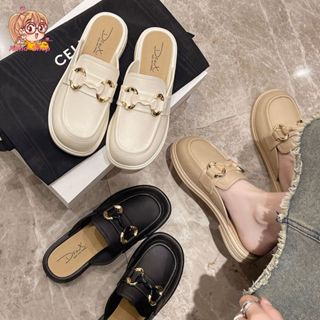 Anna shop รองเท้าคัทชู แบบสวมเปิดส้น แต่งอะไหล่สีทอง ยางEVA …