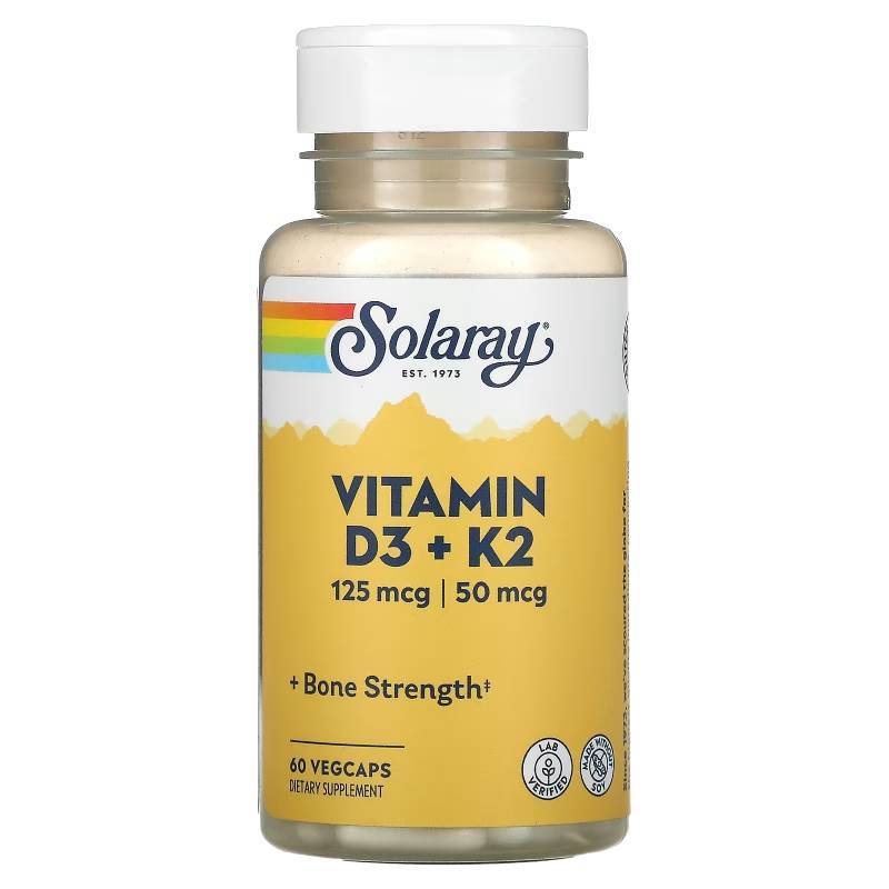 วิตามินดี3+วิตามินเค2 จากถั่วชิ๊กพี Solaray, Vitamin D3 + K2, 60 VegCaps