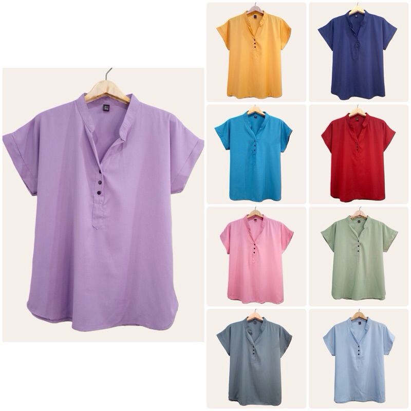 🔥ใหม่🔥 (อก 44”) เสื้อคอจีน เเขนสั้น สีพื้น ผ้าไหมอิตาลี ไม่ต้องรีด