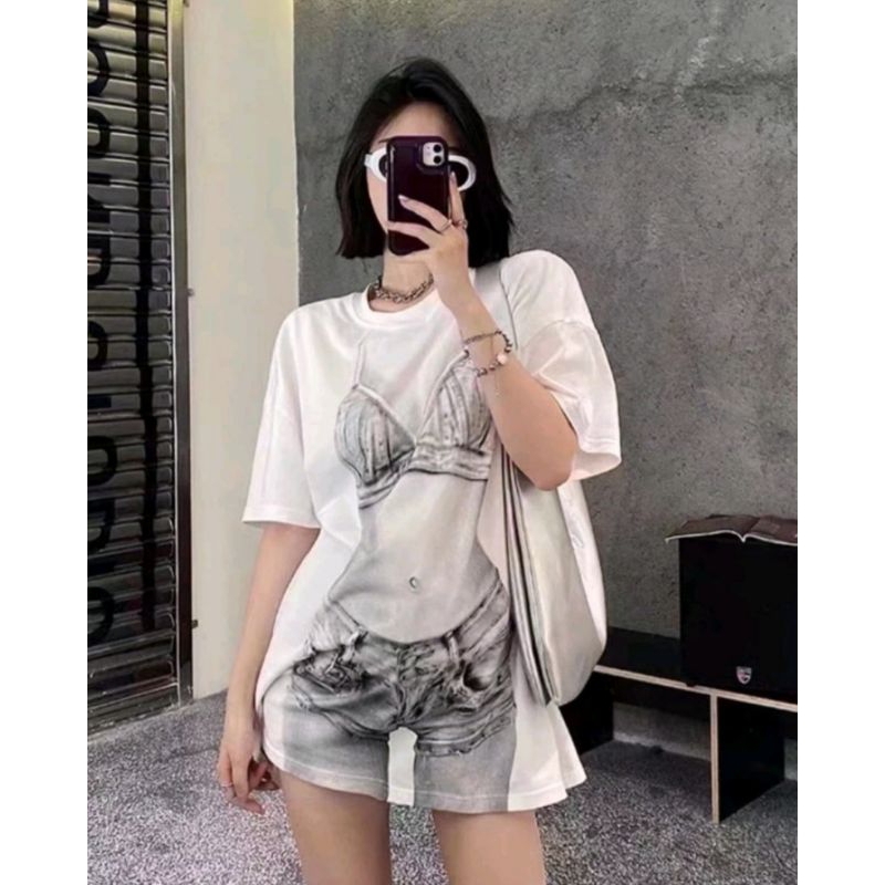พร้อมส่ง เสื้อยืดคอกลมแขนสั้นโทนสีขาวลายบิกินี่สุดเซ็กซี่เสื้อโอเวอร์ไซส์ผ้าเนื้อดีใส่สบายเหมาะกับหน้าร้อนสุดๆ