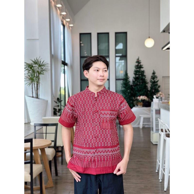 เสื้อคอจีนลายขอดิจิตอล เสื้อผู้ชาย