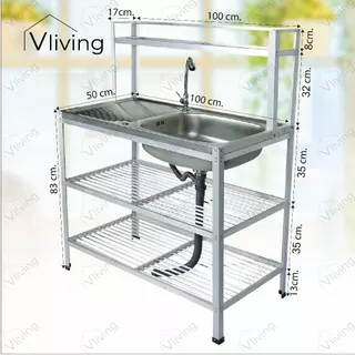 Vliving ซิ้งค์ล้างจาน อ่างล้างจาน สแตนเลส 3 ชั้น มีบน มีก๊อก 100cm สะดือตะกร้าใหญ่