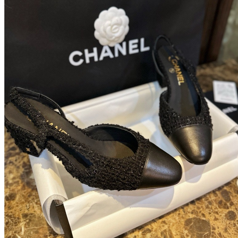 pre order ราคา4900 Chanel slingback wool tweed รองเท้าผู้หญิง รองเท้าแตะส้นแบน ​size34-41cm