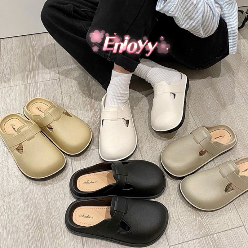 🍓EnJoy🍓 พร้อมส่ง (TO-1860) รองเท้าหัวโต สายคาดพื้นเรียบ มี3สีเรียบๆ