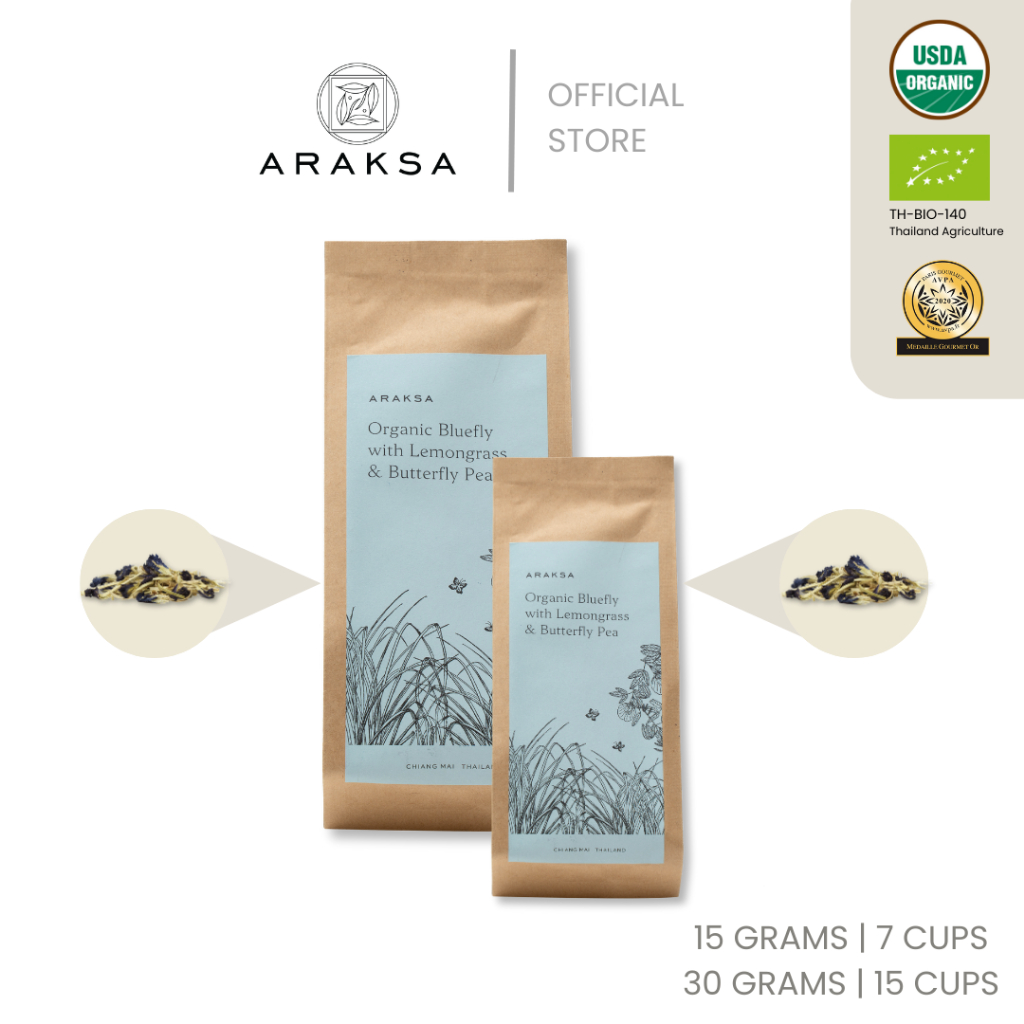 ARAKSA "บลูฟลาย" ชาสมุนไพรตะไคร้อัญชันออร์แกนิค บรรจุถุงคราฟต์ | ARAKSA Bluefly Herbal Tea in Bag |U