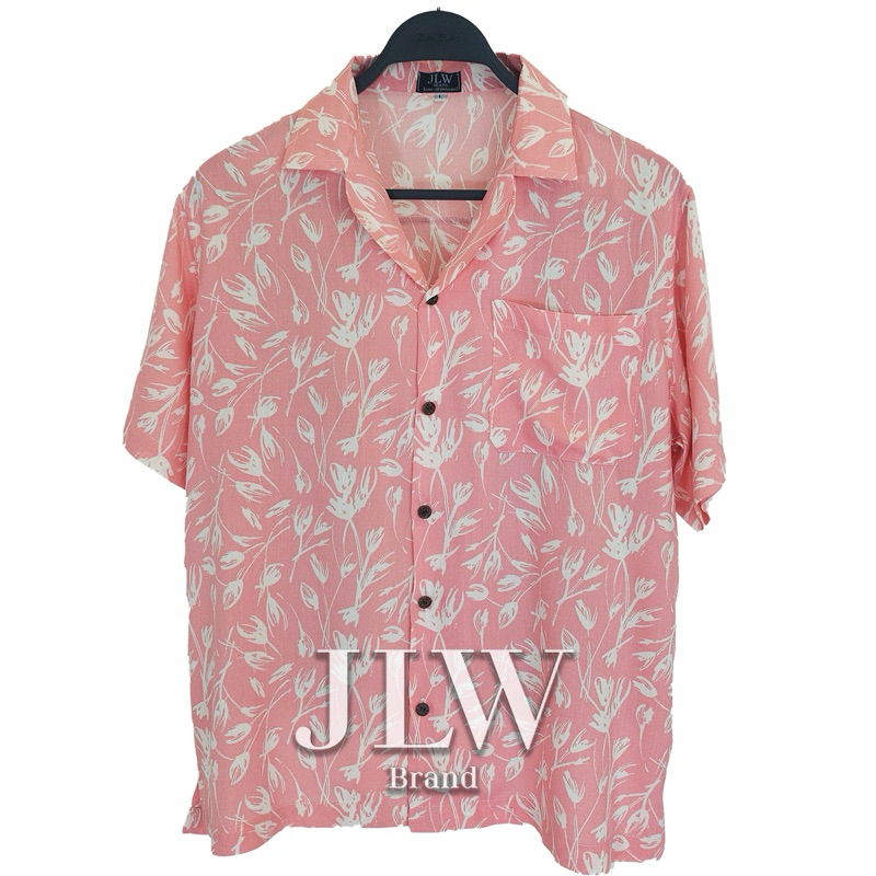 เสื้อฮาวาย ลายดอกน้อย ชมพู ผ้านิ่มใส่สบาย JLW BRAND ผ้าเรย่อน