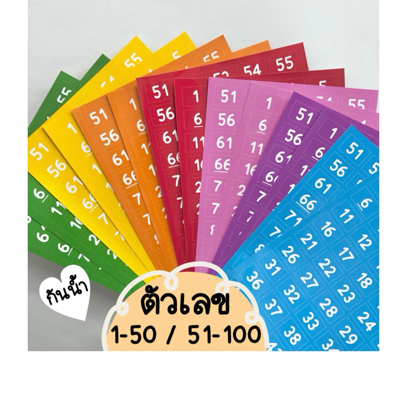 สติ๊กเกอร์ตัวเลข 1-100(แผ่นละ50เลข) ขนาด20x30มม. พลาสติก กันน้ำ ไดคัทแล้ว แผ่นเกือบเท่าA4