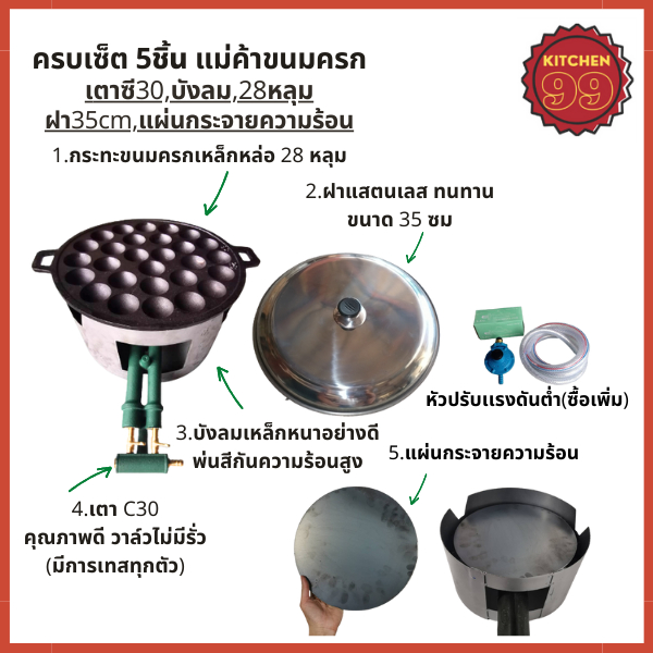 ชุดเตาขนมครก พิมพ์32หลุม เผาแล้ว เบ้าพิมพ์ขนมครกเหล็กหล่อพร้อมฝาสแตนเลส บังลมและหัวเตาแก๊ส c30