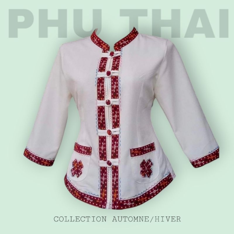 เสื้อภูไทแขนยาวสีขาวสินค้าOTOPจังหวัดกาฬสินธุ์เสื้อพื้นเมืองชุดผ้าไทยชายหญิง