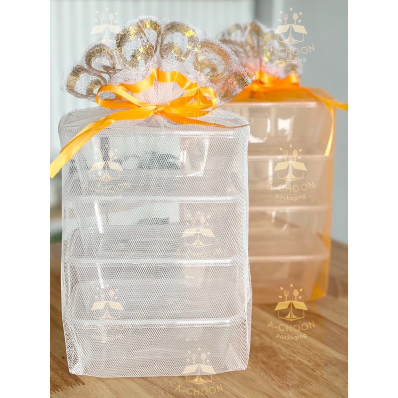 ราคาประหยัด! [ชุดปิ่นโตกล่องพลาสติก 1,000ml. 4ชั้น-ถุงสังฆทาน ฐานเหลี่ยม L] กล่อง พร้อมฝา