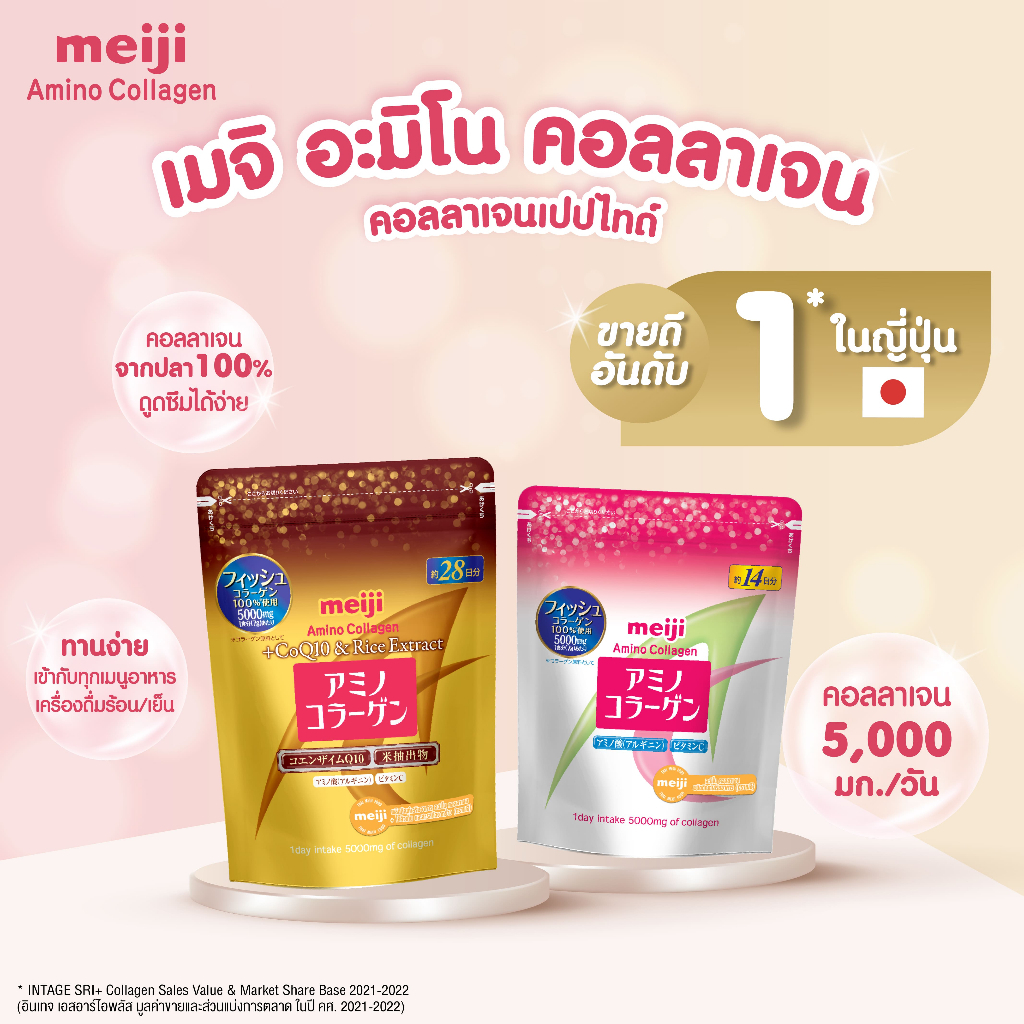 ✨ระวังของปลอม✨Meiji Amino / Premium Collagen 28วัน เมจิ พรีเมี่ยม สีทอง ชนิดถุงเติม