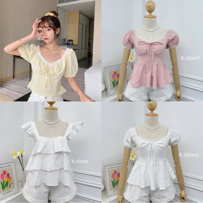 เสื้อแขนตุ๊กตา คอเหลี่ยม คอวีแต่งขอบลูกไม้