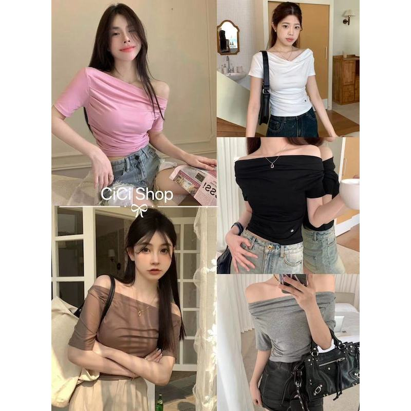 Cicishop(J778-1)เสื้อแขนยาวปาดไหล่ผ้าเรยอน ใส่สบายเหมาะกับวันสบายๆหรือไปเที่ยวก็ปัง