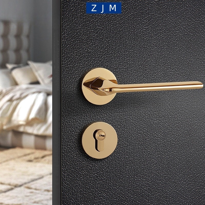 ล็อคประตูภายใน Silent Lock ประตูไม้ฝรั่งเศสสีทองมือจับประตูหรูหราเบาห้องนอนบ้านประตูแม่เหล็กดูดแยกล็อค