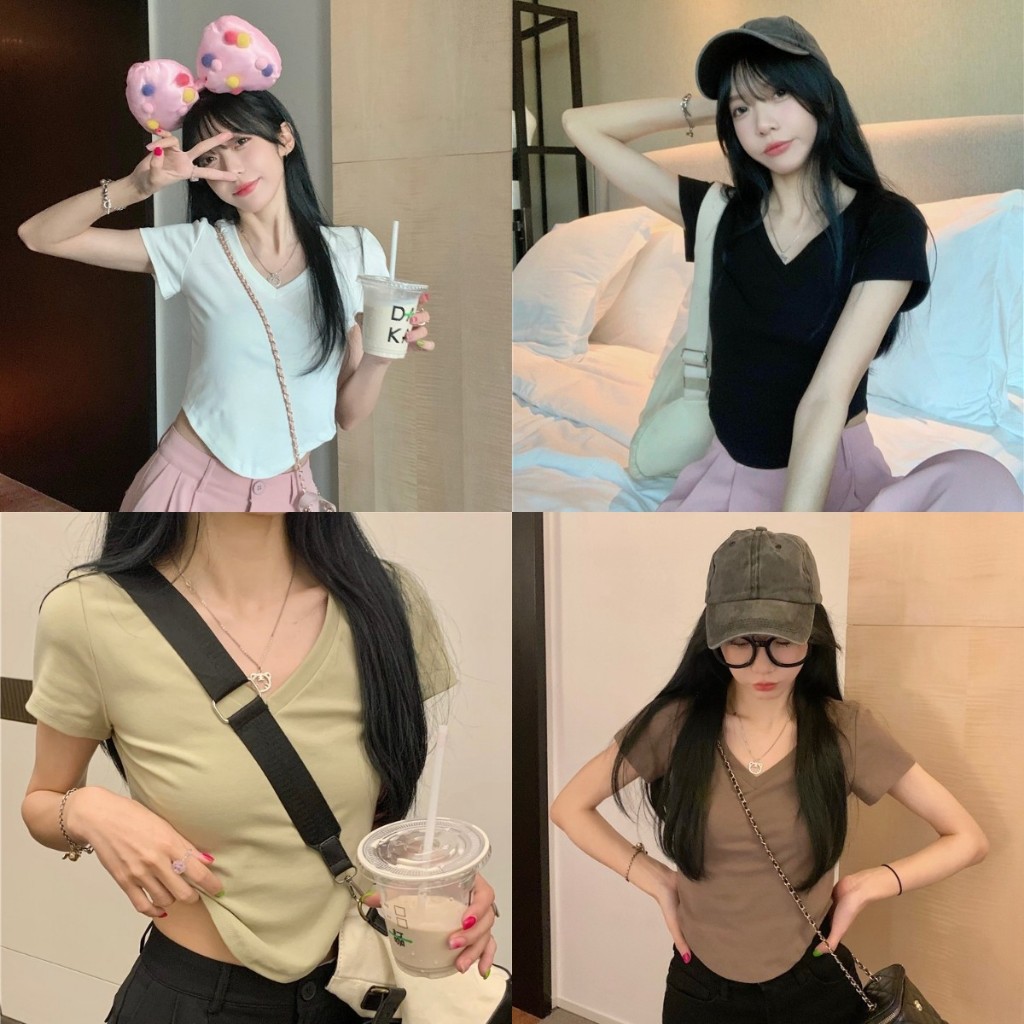 5สี เสื้อยืดคอวี เสื้อครอปเเขนสั้น สีล้วน ผ้ายืดได้ ผ้าคอตตอน ทรงสวยสีสวย #602157