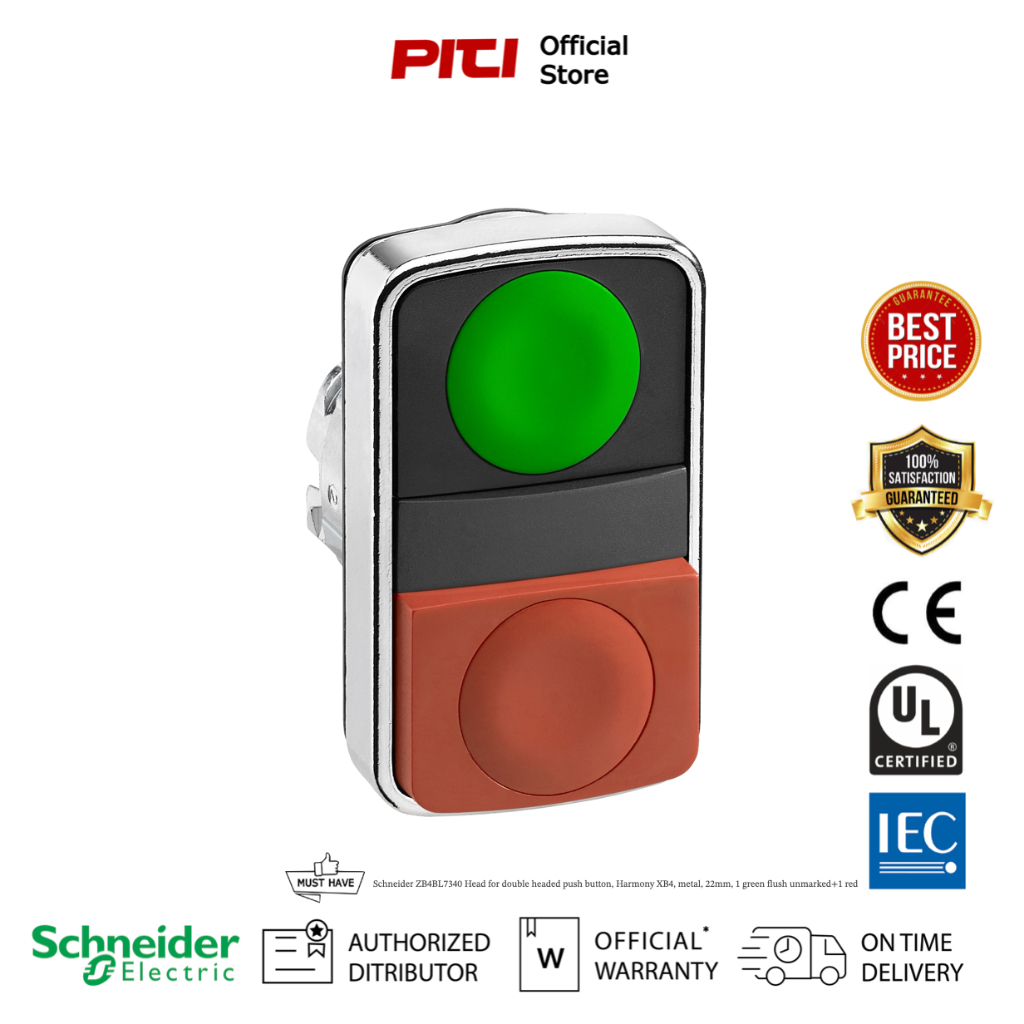 Schneider ZB4BL7340 Head for double headed push button, metal, 22mm, 1 green flush unmarked+1 red proj