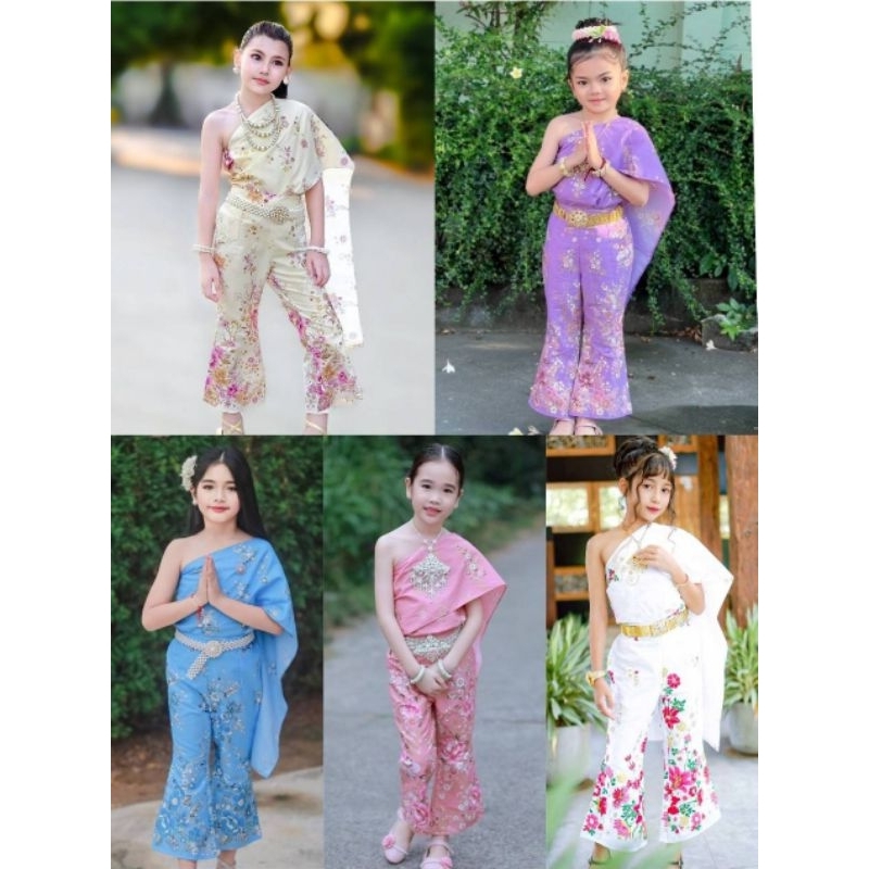 Kc // ชุดไทยประยุกต์เด็กหญิง สไบสำเร็จรูป ดึงยางด้านหลัง+กางเกงขาบานสุดเก๋ เอวยางยืดด้านหลัง ลายดอกไม้สวยๆ